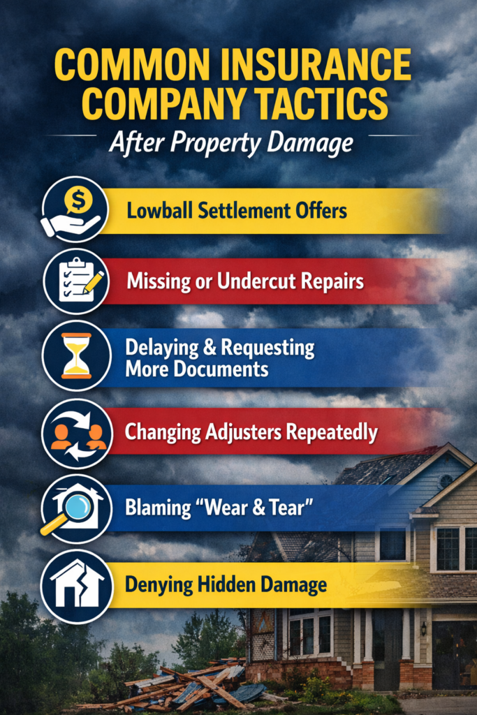 Infographic showing common insurance company tactics after property damage such as low settlement offers, missing repairs, delays, changing adjusters, blaming wear and tear, and denying hidden damage