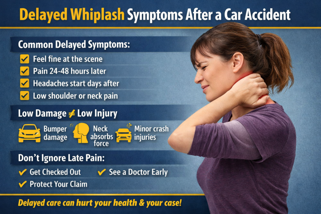 Woman holding her neck in pain showing delayed whiplash symptoms after a Houston car accident
