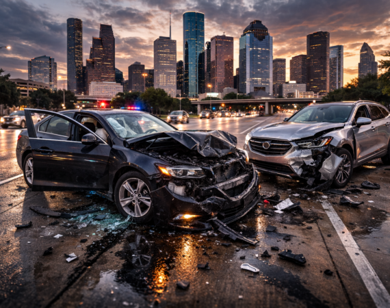 serious uber accident in downtown Houston at dusk with damaged vehicles and emergency lights