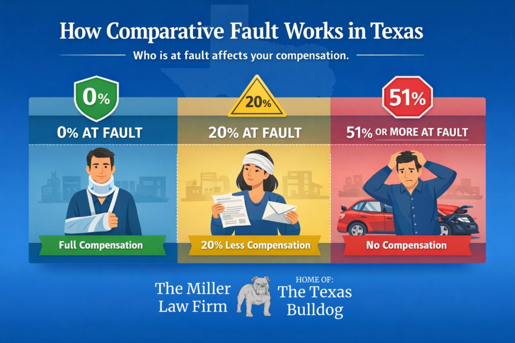 Infographic explaining Texas comparative fault law showing how compensation changes based on fault percentage after a car accident