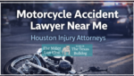 Motorcycle accident crash scene promoting Houston motorcycle accident lawyer near me services