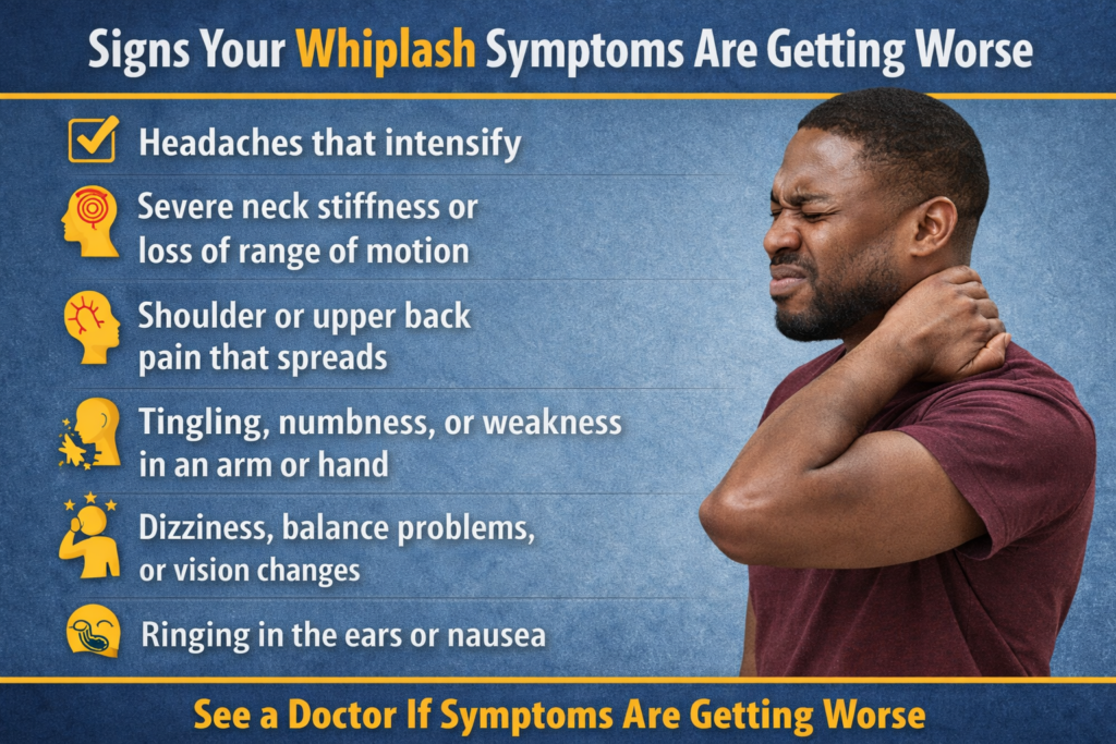 Man holding his neck in pain showing worsening whiplash symptoms after a car accident