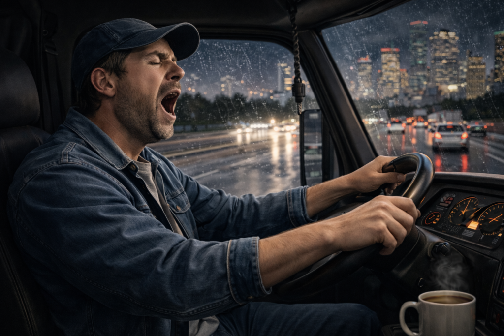Tired commercial truck driver yawning while driving an 18-wheeler at night in Houston traffic showing risk of fatigue-related truck accidents