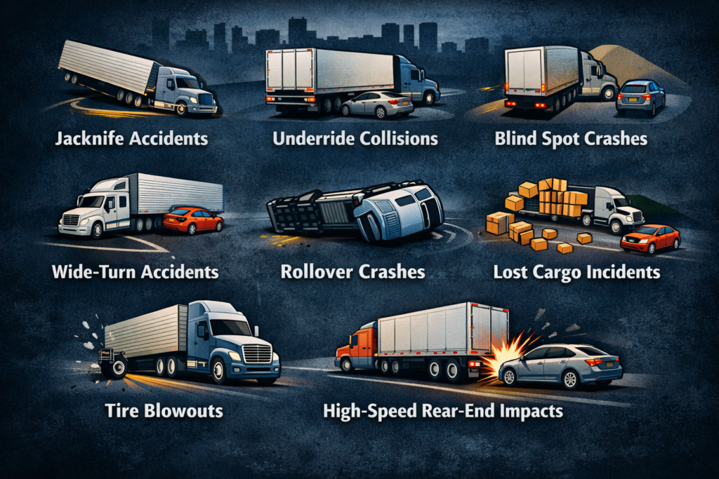 Infographic showing common truck accident types including jackknife accidents, underride collisions, blind spot crashes, wide-turn crashes, rollover accidents, lost cargo incidents, tire blowouts, and high-speed rear-end truck crashes