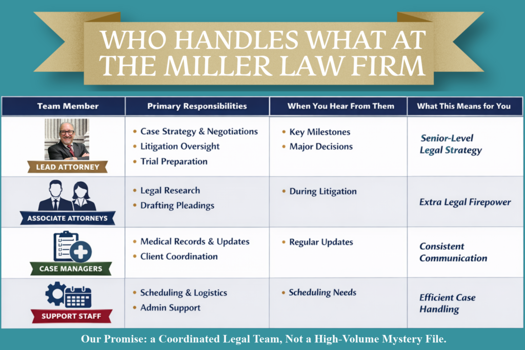 Who handles your case at The Miller Law Firm showing lead attorney, associate attorneys, case managers, and support staff roles