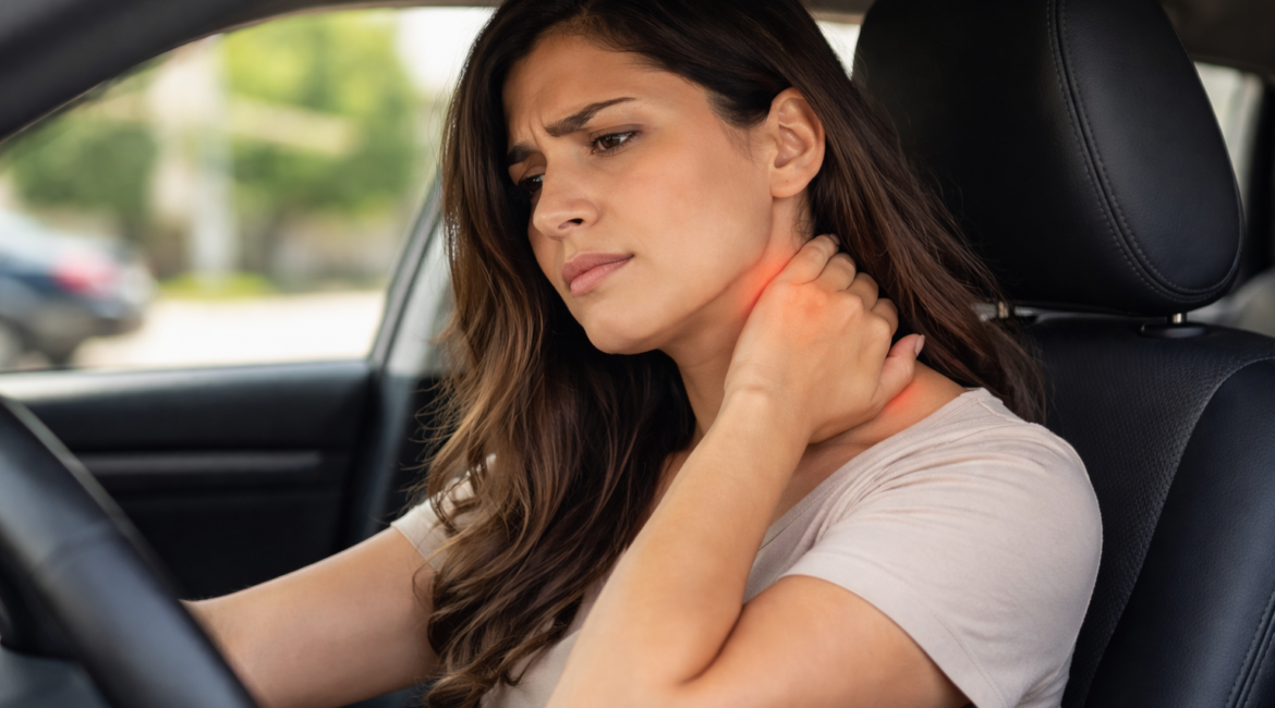 Woman sitting in her car holding her neck with delayed whiplash pain after a car accident