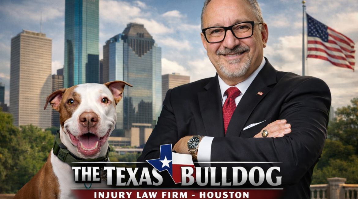 Adam Miller of The Texas Bulldog injury law firm in Houston standing with McLovin in front of the Houston skyline.
