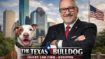 Adam Miller of The Texas Bulldog injury law firm in Houston standing with McLovin in front of the Houston skyline.