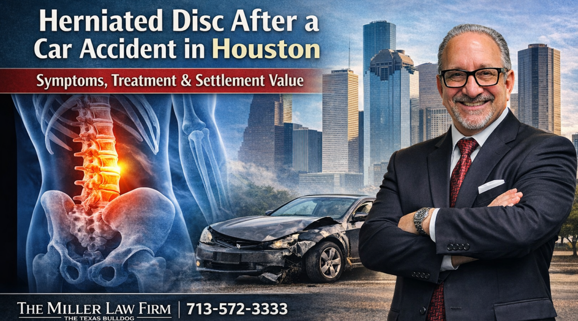 Herniated disc injury after a car accident in Houston with Adam Miller The Texas Bulldog and damaged vehicle