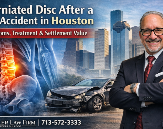 Herniated disc injury after a car accident in Houston with Adam Miller The Texas Bulldog and damaged vehicle