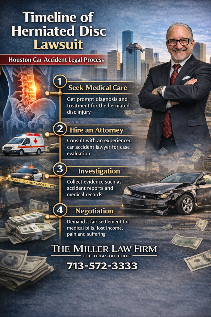 Infographic showing timeline of herniated disc lawsuit after Houston car accident including treatment investigation and settlement stages