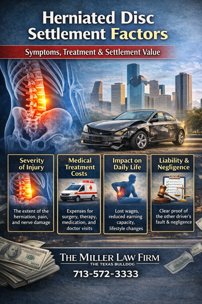 Infographic showing herniated disc settlement factors after a Houston car accident including medical costs injury severity and liability