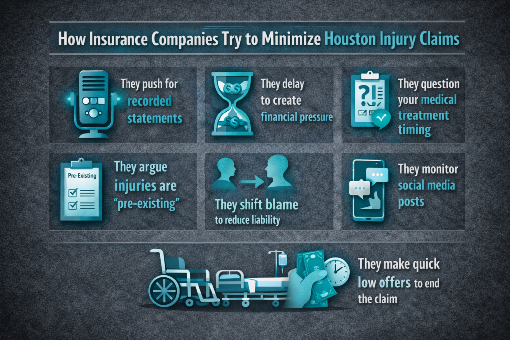 Infographic showing common tactics insurance companies use to minimize Houston injury claims, including recorded statements, delays, blaming pre-existing injuries, and low settlement offers.