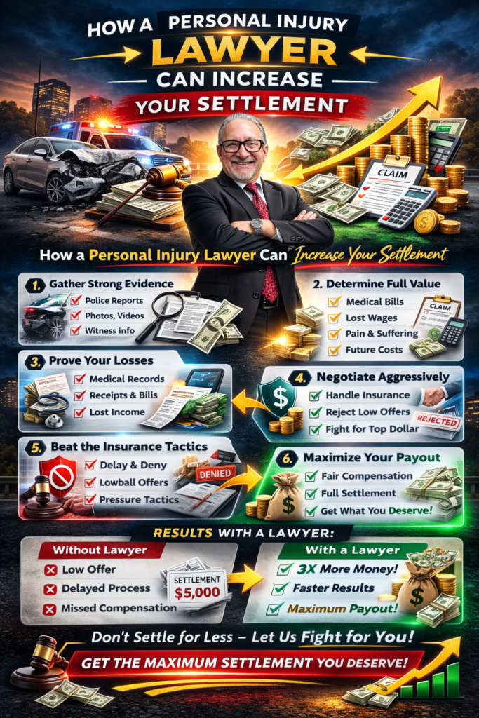 how a personal injury lawyer increases your settlement in Texas infographic showing evidence negotiation and maximizing compensation