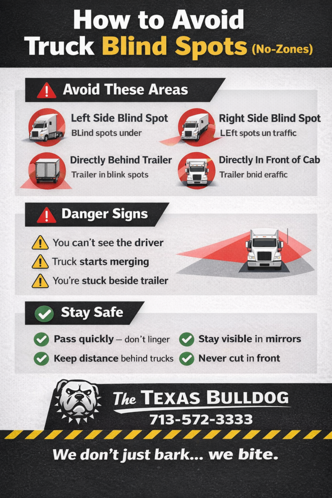 how to avoid truck blind spots no zones safety tips Texas 18 wheeler