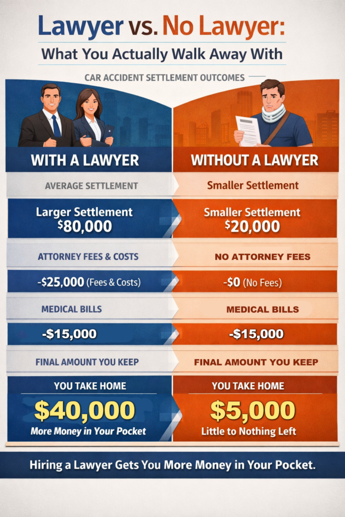 Infographic comparing car accident settlement outcomes with a lawyer vs without a lawyer showing higher take home amount with attorney representation