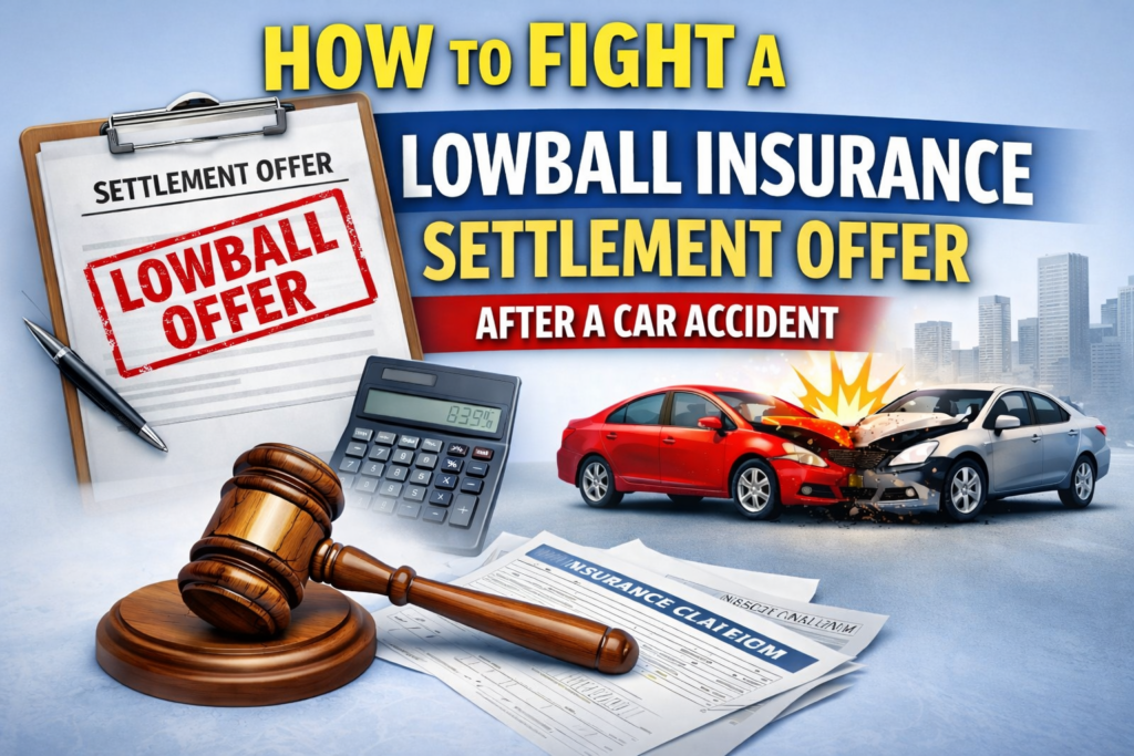 Lowball insurance settlement offer after a car accident illustration showing crash, settlement documents, and insurance claim review