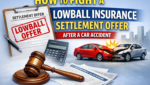 Lowball insurance settlement offer after a car accident illustration showing crash, settlement documents, and insurance claim review