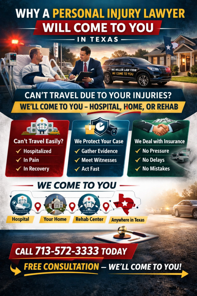 Personal injury lawyer will come to you Texas hospital home visit infographic explaining legal help for injured victims