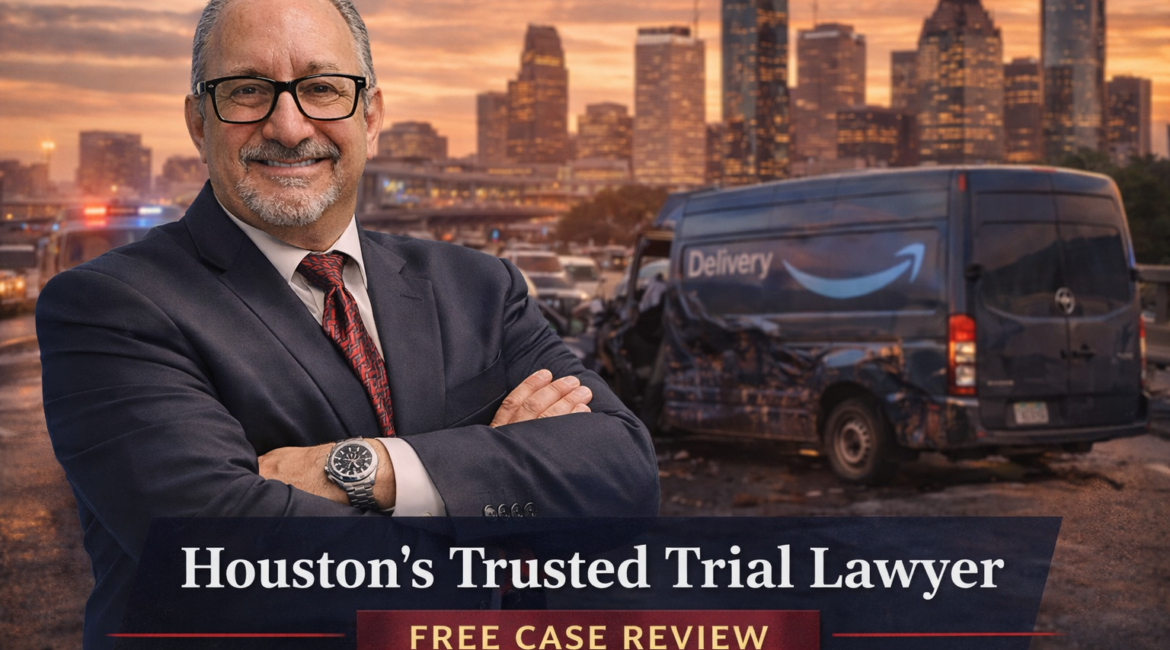 Houston company vehicle accident lawyer Adam Miller standing in front of delivery van crash scene