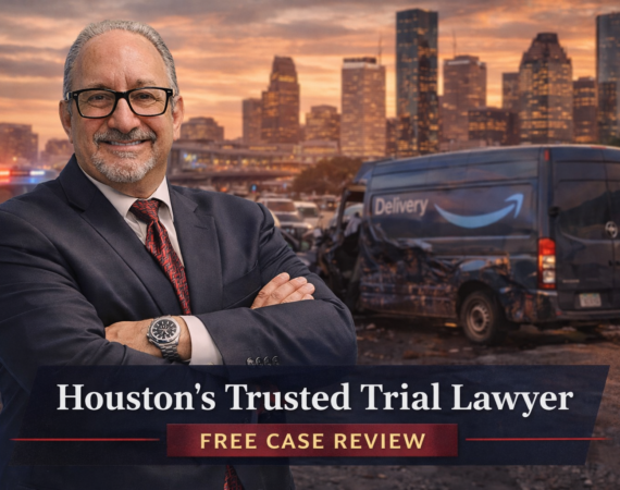 Houston company vehicle accident lawyer Adam Miller standing in front of delivery van crash scene