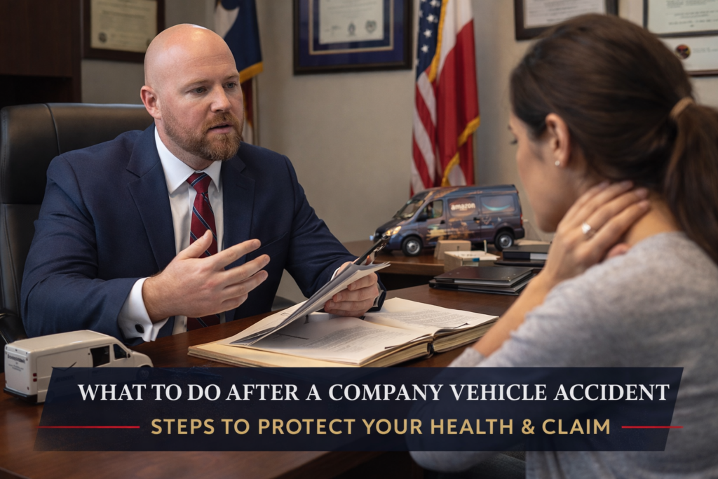 Houston company vehicle accident lawyer advising injured client after delivery van crash