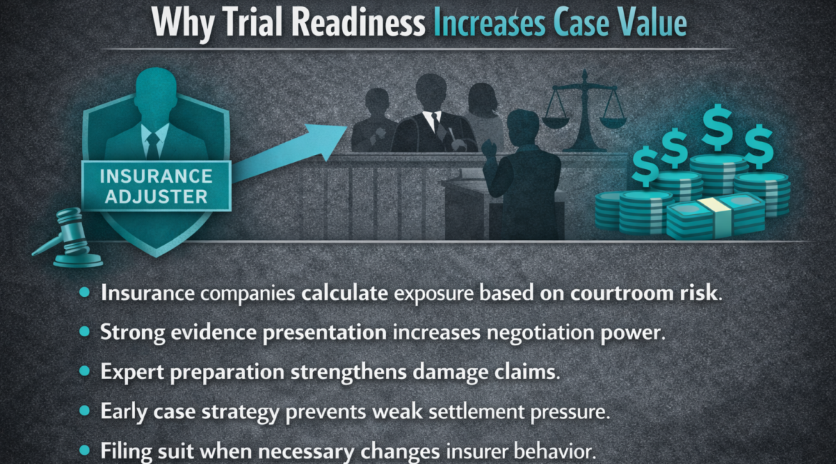 Infographic explaining how trial readiness increases settlement value in Houston injury cases by increasing insurance company risk and negotiation leverage.