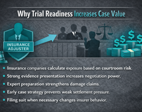 Infographic explaining how trial readiness increases settlement value in Houston injury cases by increasing insurance company risk and negotiation leverage.