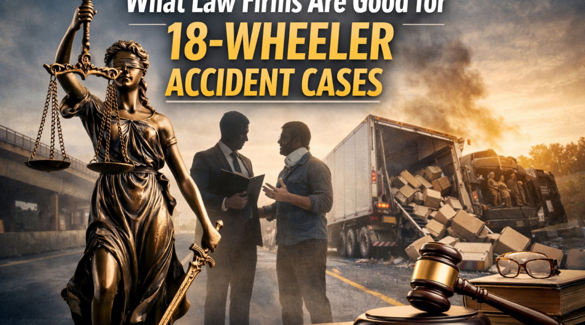 18-wheeler accident scene with lawyer and cargo spill Houston truck accident law firm