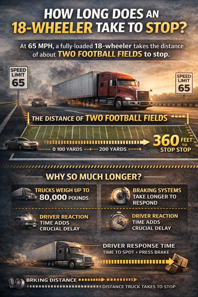 18 wheeler stopping distance compared to car two football fields at 65 mph truck accident infographic