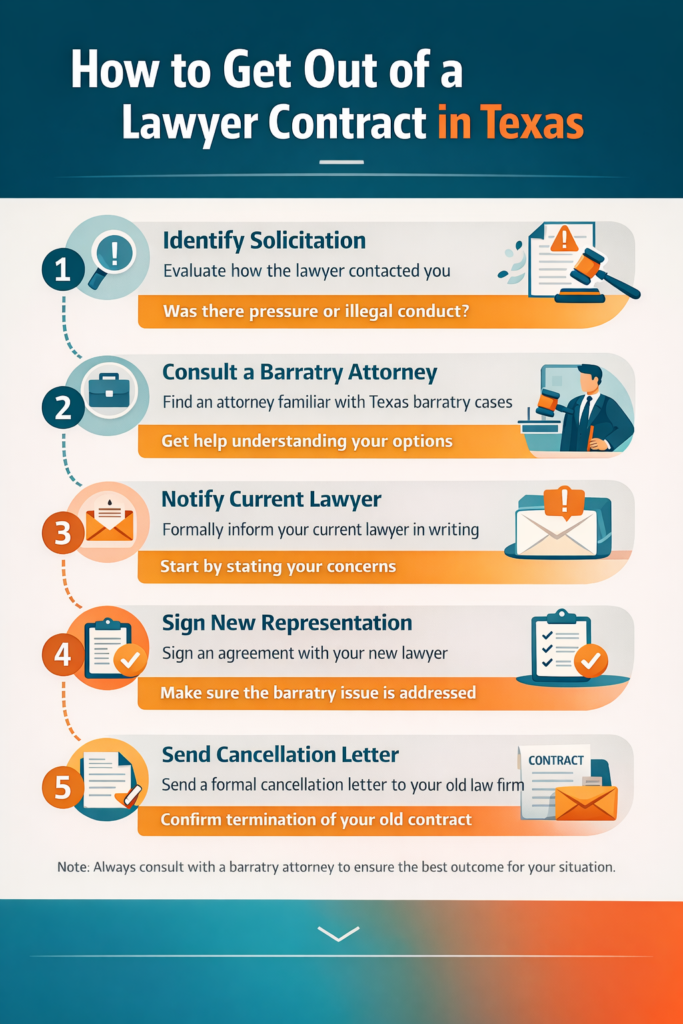 How to get out of a lawyer contract in Texas step by step including barratry attorney process and contract cancellation
