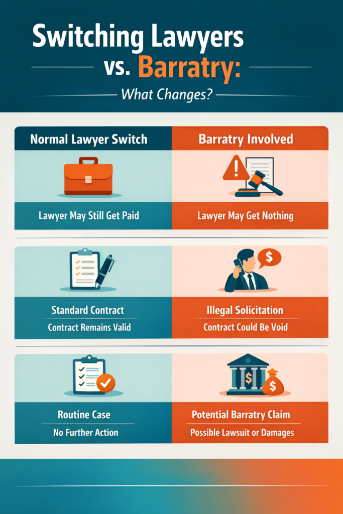 Switching lawyers vs barratry in Texas comparison showing contract validity, attorney fees, and illegal solicitation impact