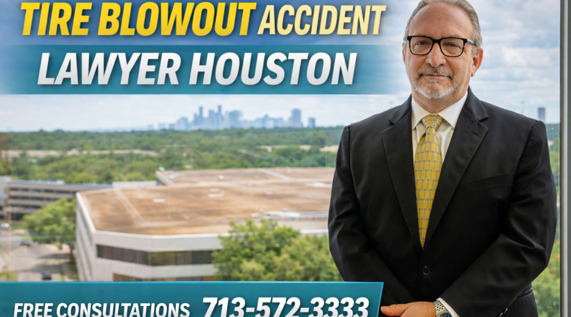 Houston tire blowout accident lawyer Adam Miller standing in office explaining liability after tire failure crash