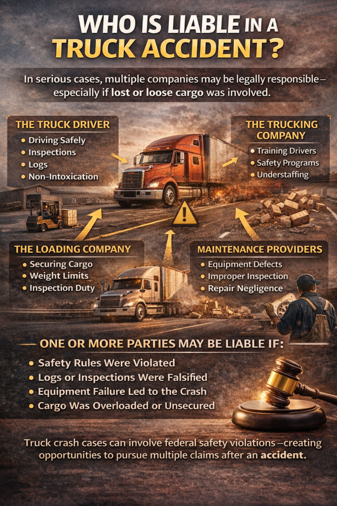who is liable in a truck accident driver trucking company cargo loader maintenance infographic