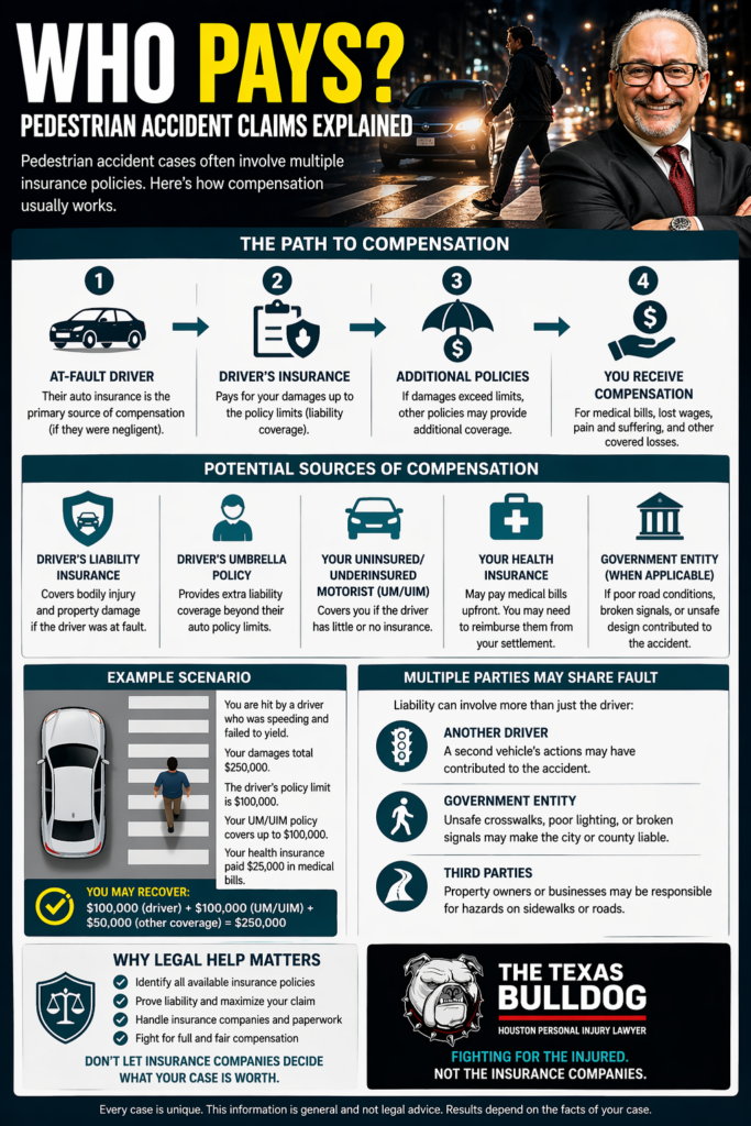 Infographic showing who pays after a pedestrian accident including driver insurance and other compensation sources