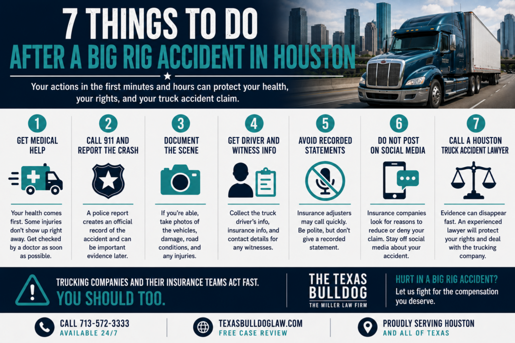 Infographic showing 7 things to do after a big rig accident in Houston