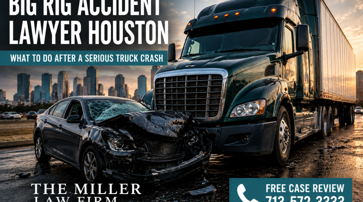 Big rig accident lawyer Houston image showing a serious truck crash involving an 18-wheeler and passenger vehicle