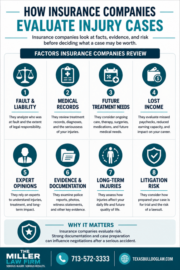 Infographic showing how insurance companies evaluate personal injury claims after a serious accident