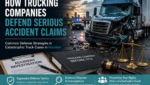Damaged semi-truck after a catastrophic Houston crash with legal defense investigation imagery representing trucking company accident claim defense strategies