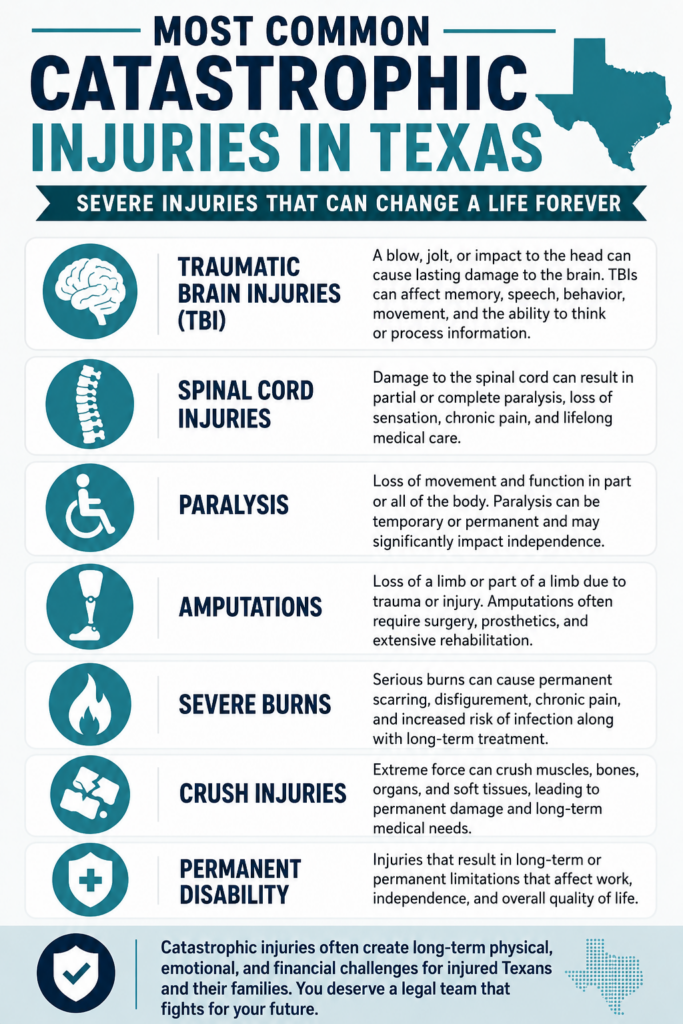 Infographic showing the most common catastrophic injuries in Texas including traumatic brain injuries, spinal cord injuries, paralysis, amputations, severe burns, crush injuries, and permanent disability.