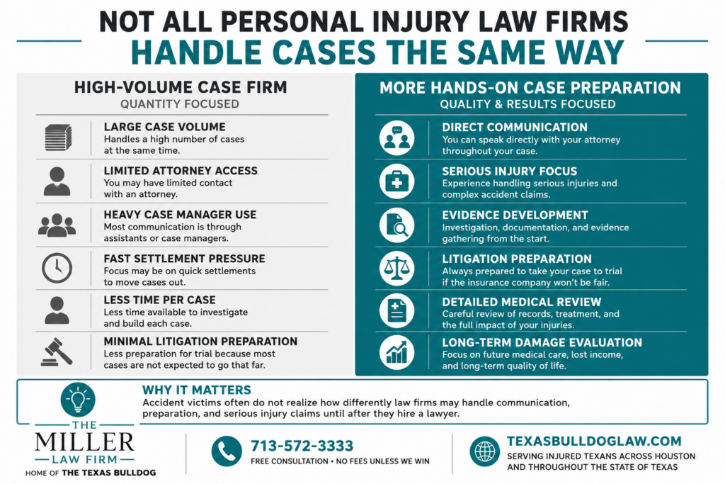 Comparison infographic showing differences in how Texas personal injury law firms handle injury cases