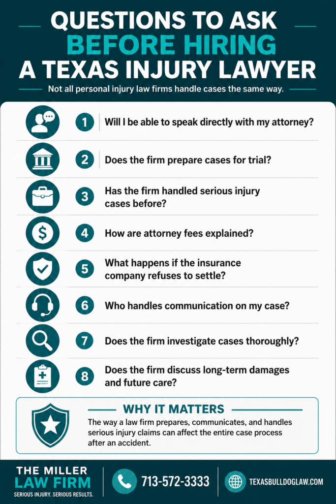 Checklist infographic showing important questions to ask before hiring a Texas personal injury lawyer.