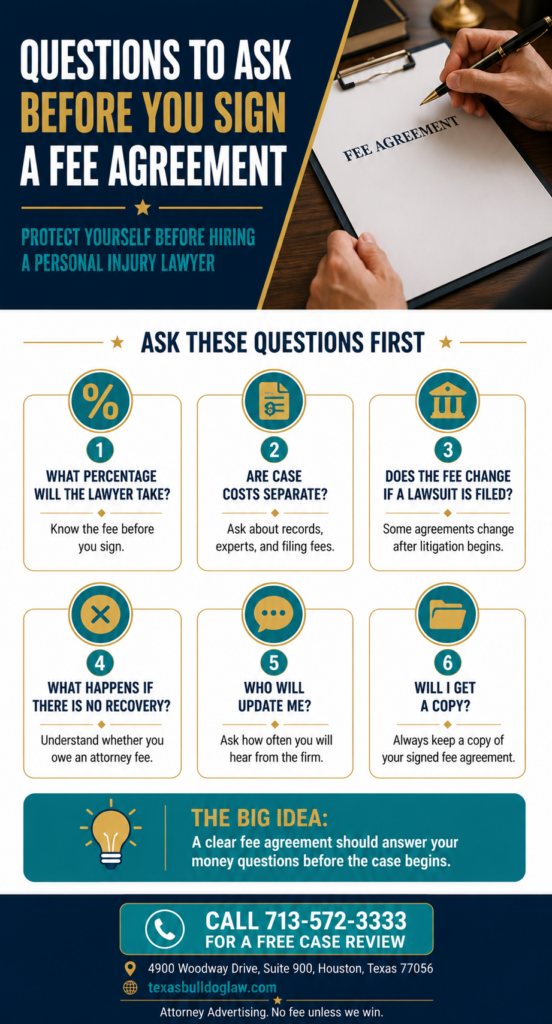 Infographic listing questions to ask before signing a personal injury lawyer fee agreement in Texas.