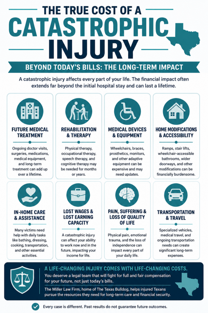 Infographic showing the long-term financial and personal costs of catastrophic injuries in Texas, including future medical treatment, rehabilitation, lost wages, home modifications, in-home care, and permanent disability.