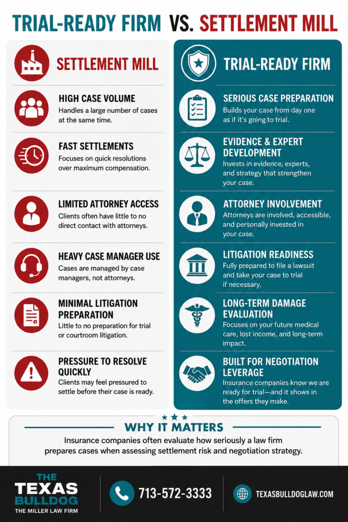 Comparison infographic showing differences between trial-ready law firms and settlement mill firms in Texas
