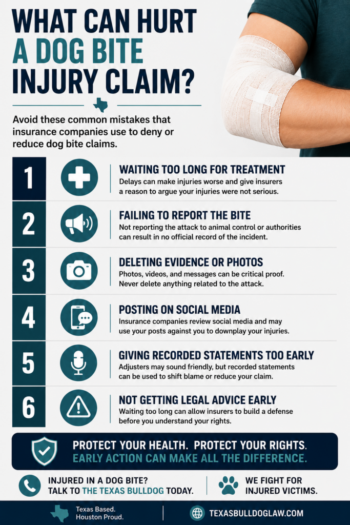 Infographic explaining common mistakes that can hurt a dog bite injury claim in Texas including delaying treatment, social media posts, and failing to report the bite