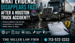 Featured image showing a Houston truck accident scene with an 18-wheeler, damaged vehicle, and evidence checklist discussing black box data, driver logs, dashcam footage, and trucking records