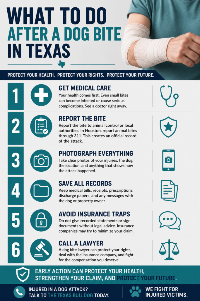 Infographic explaining what to do after a dog bite in Texas including medical care, reporting the bite, documenting injuries, and protecting your legal rights