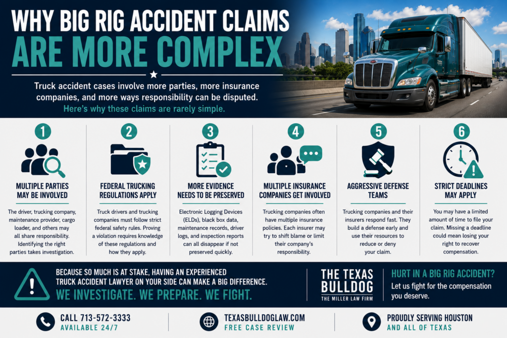 Infographic explaining why big rig accident claims are more complex than normal car accident cases