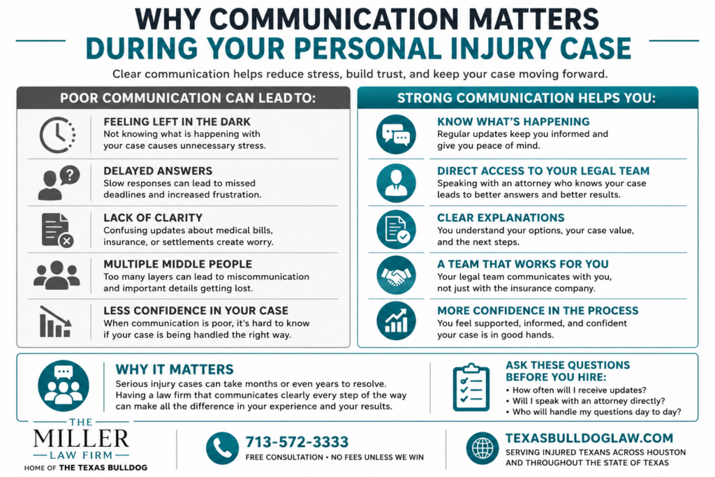 Infographic explaining why communication matters during a Texas personal injury case